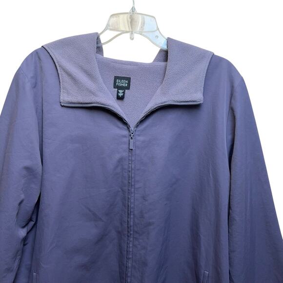 Eileen Fisher Coat Women's Size Large Purple Fleece Lined Cotton Nylon Hood Zip - Picture 2 of 9